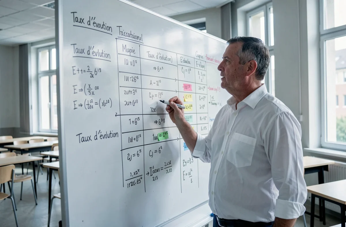 Professeur expliquant la formule du taux d'évolution et le tableau de variation au tableau blanc en salle de classe