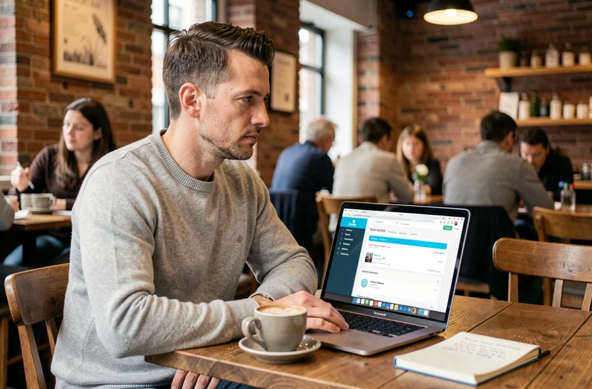 Professionnel de santé consultant son compte Carpimko en ligne depuis un café