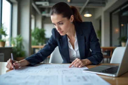 Professionnelle analysant des plans de projet sur une table de conférence en 2026 pour anticiper les tendances