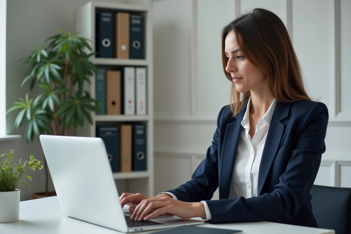 Femme professionnelle au bureau avec interface creances publiques