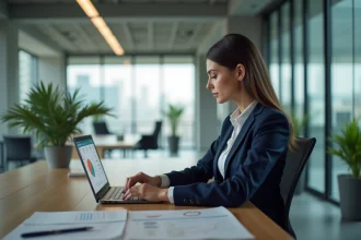 Professionnelle comparant des néobanques pour professionnels sur son ordinateur portable dans un bureau moderne