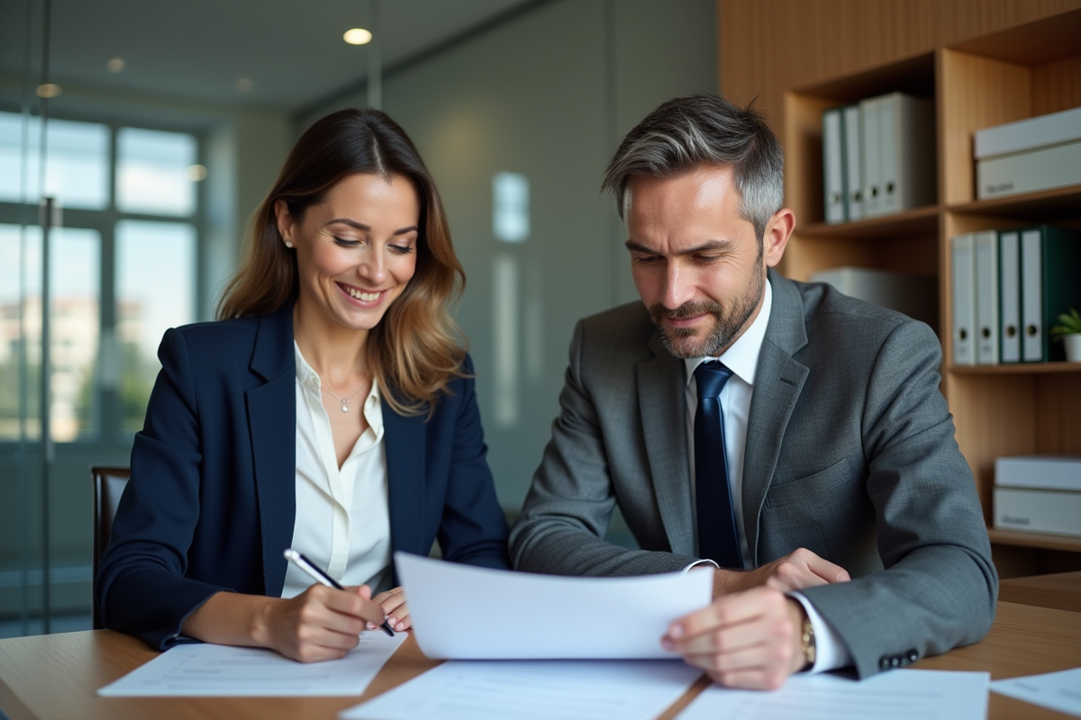 Deux professionnels en réunion d'assurance au bureau