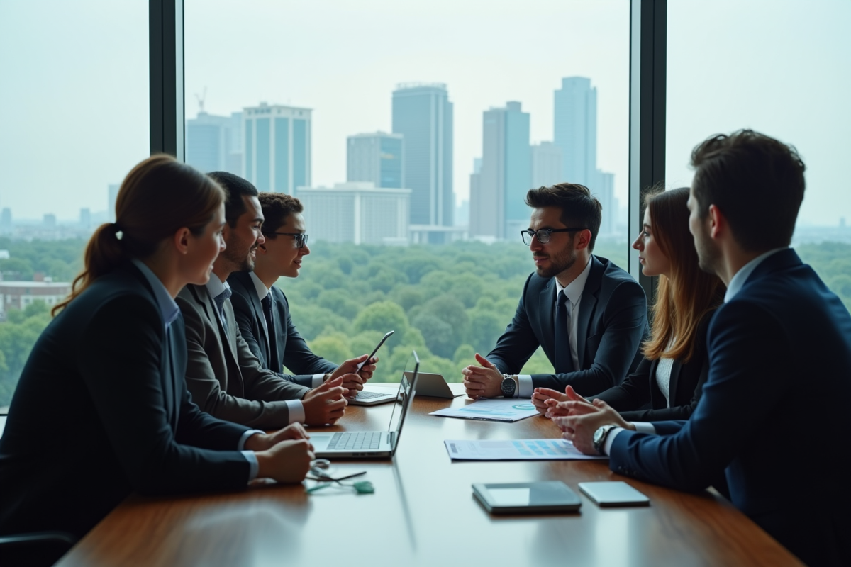 Groupe de professionnels en réunion dans un bureau moderne