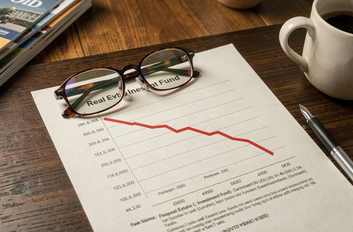 Relevé de portefeuille SCPI affichant une courbe en baisse sur une table de bureau