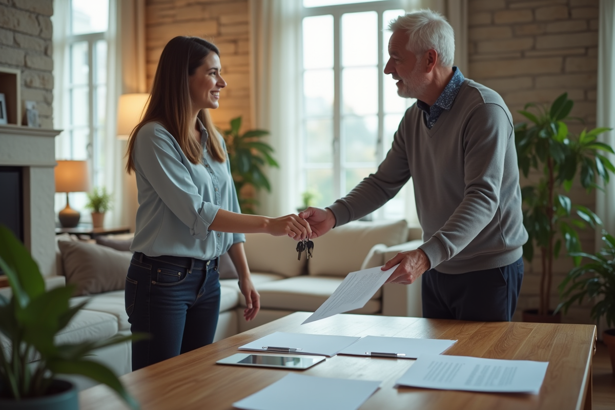 Femme remettant des clés et un contrat à un homme dans un salon lumineux