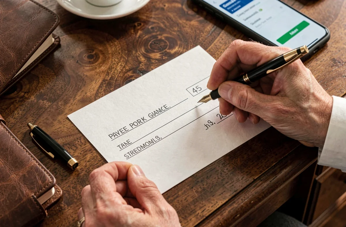 Gros plan sur des mains remplissant soigneusement un chèque avec le libellé complet pour prévenir la fraude au moyen de paiement