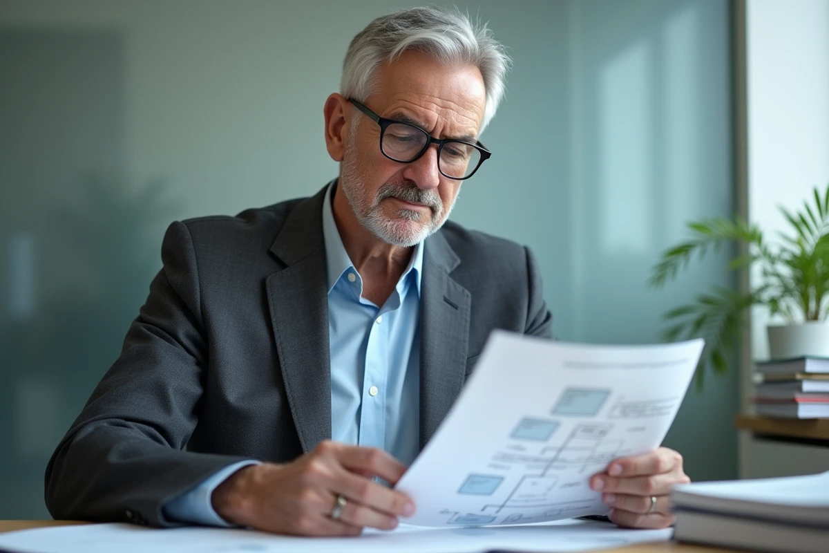 Responsable RH analysant un organigramme des instances représentatives du personnel dans un bureau privé en entreprise