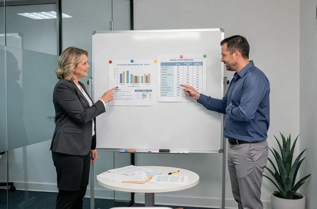 Deux professionnels analysant ensemble les tableaux d'appels de cotisations Carpimko en réunion