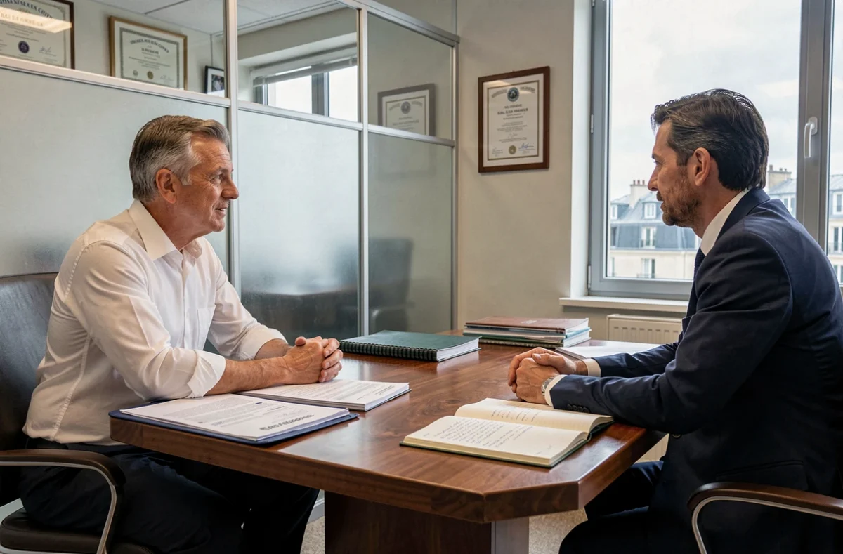 Réunion entre un expatrié français et un conseiller fiscal spécialisé en bureau professionnel