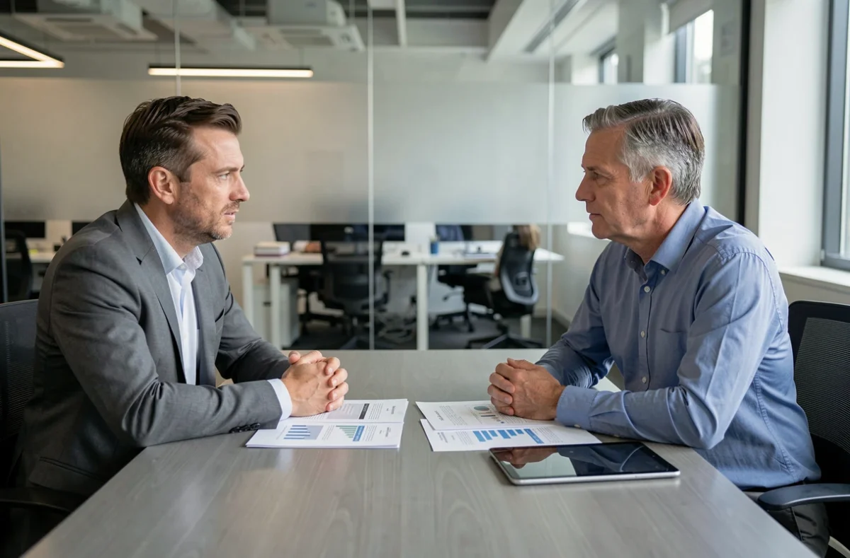 Réunion entre un conseiller financier et un travailleur indépendant autour de documents de financement commercial, évoquant les services de la Commercial Finance Association