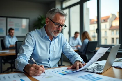 Cadre professionnel analysant des données sur les revenus médians en France par région et par métier dans un bureau parisien