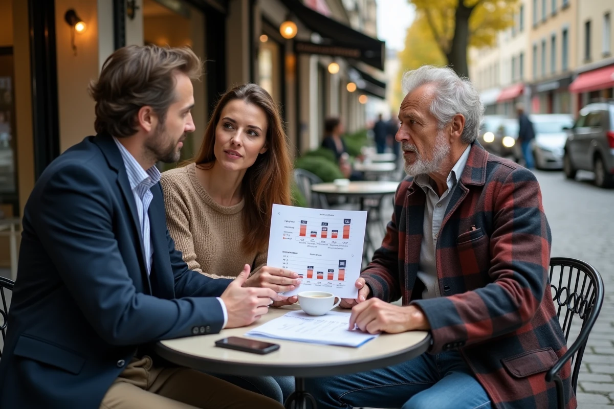 Groupe de professionnels français de différentes générations discutant des écarts de revenus médians selon l'âge et la région en terrasse de café