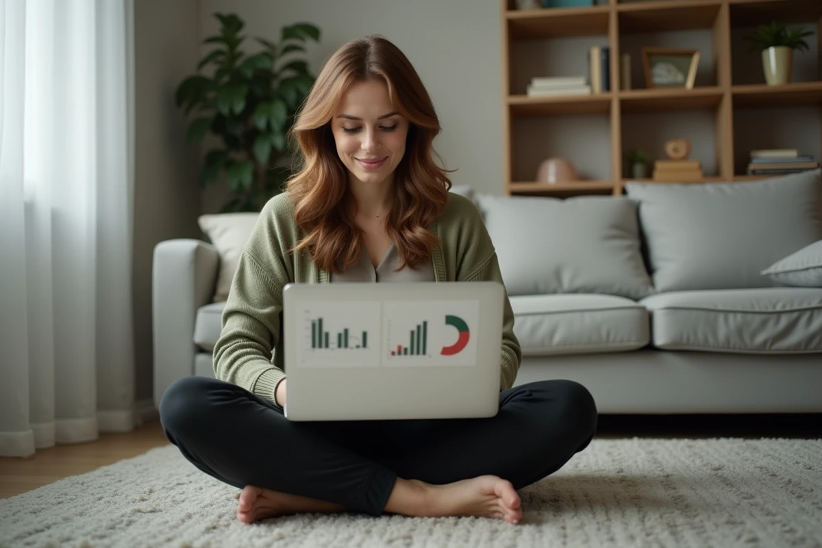 Femme analysant ses revenus TikTok UGC sur un tableau de bord analytics depuis son salon