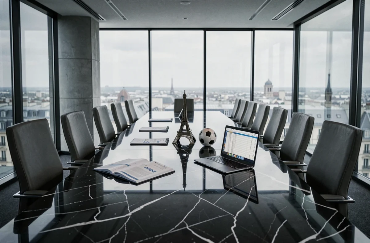 Salle de réunion d'un gratte-ciel parisien avec dossiers financiers et ballon de football sur une table en marbre, illustrant la stratégie de pouvoir du PSG en Europe