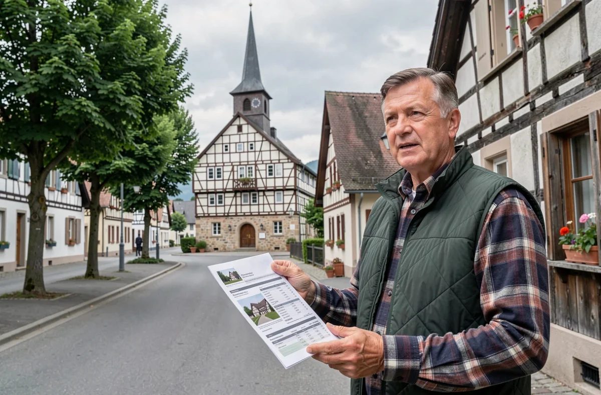 Agent de Salmon Immobilier devant la rue principale d'Erstein dans le sud du Bas-Rhin avec une fiche de bien