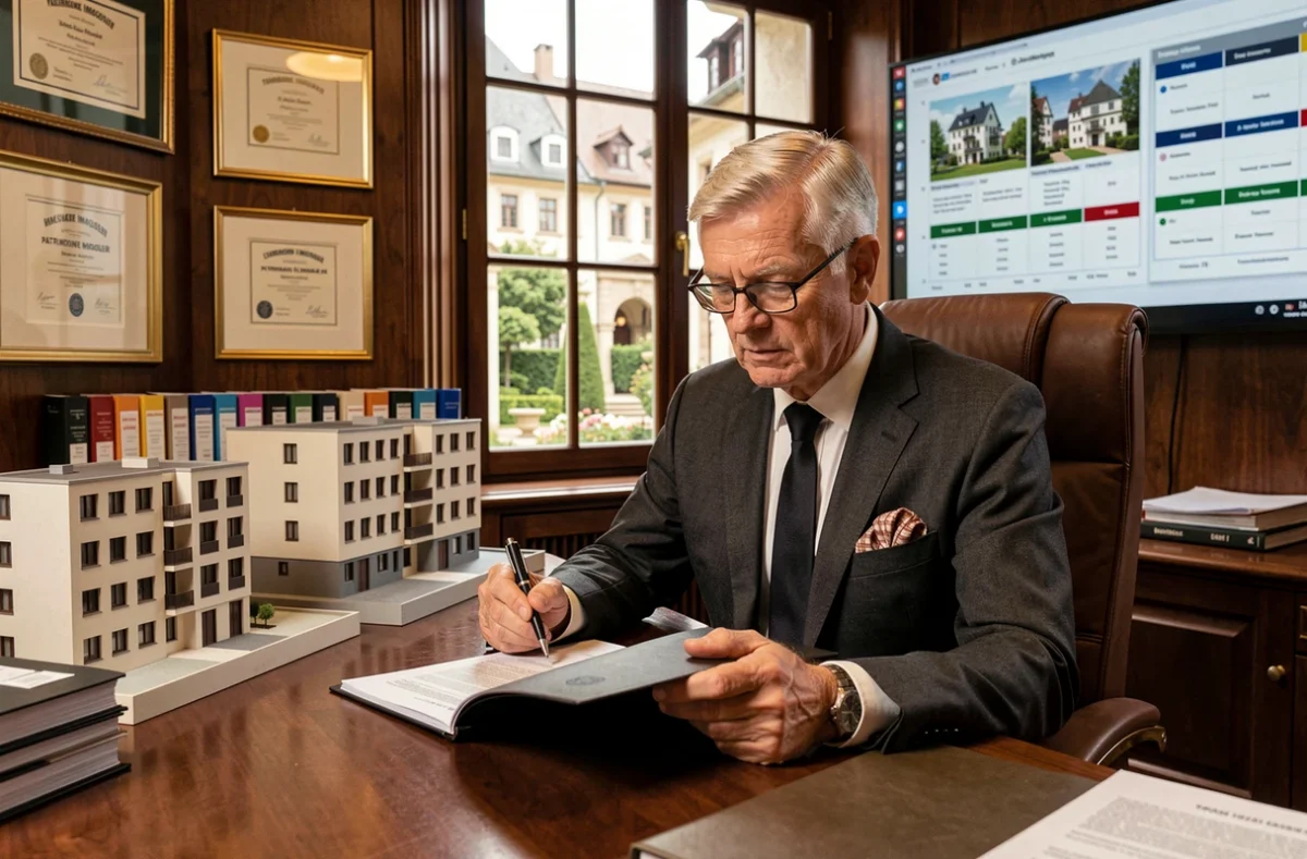 Gestionnaire senior de Sogestra examinant un rapport de patrimoine immobilier dans un bureau strasbourgeois