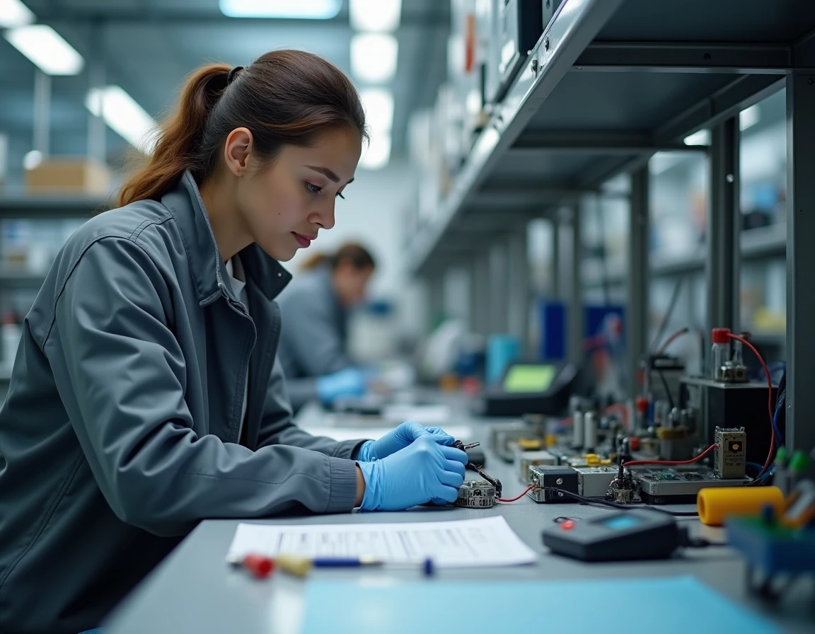 Technicienne spécialisée en train de régler des composants de capteurs ultrasoniques CMUT en laboratoire