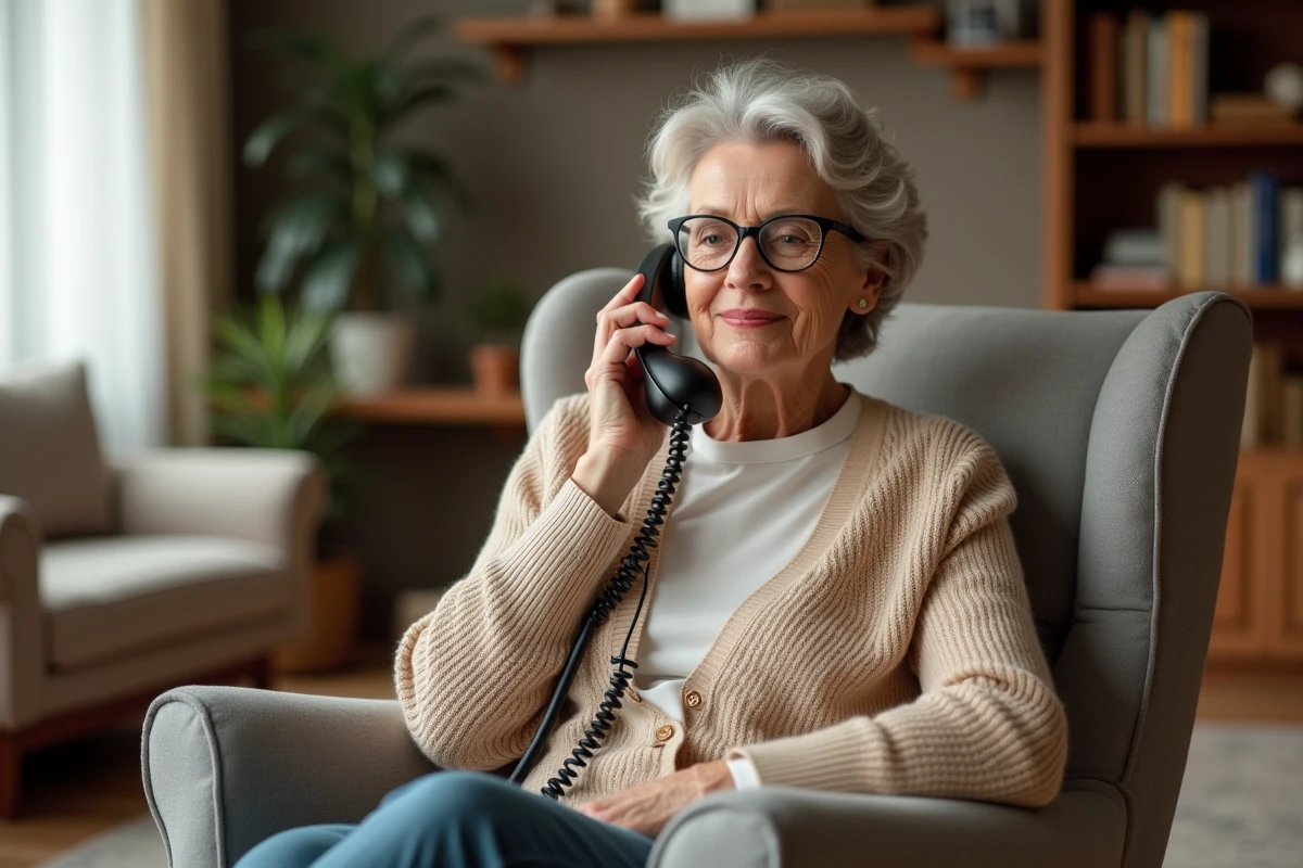 Femme senior téléphonant au service client de La Banque Postale depuis son salon pour obtenir de l'aide