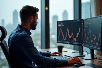Trader analysant des figures chartistes double bottom et double top sur plusieurs écrans dans un bureau moderne