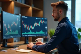 Trader masculin installant un Expert Advisor sur MetaTrader avec double écran affichant des graphiques de trading automatisé