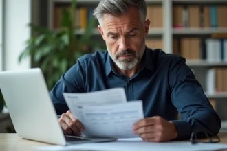 Homme consultant des documents d'épargne salariale CIC sur son bureau à domicile avant un transfert vers un autre établissement