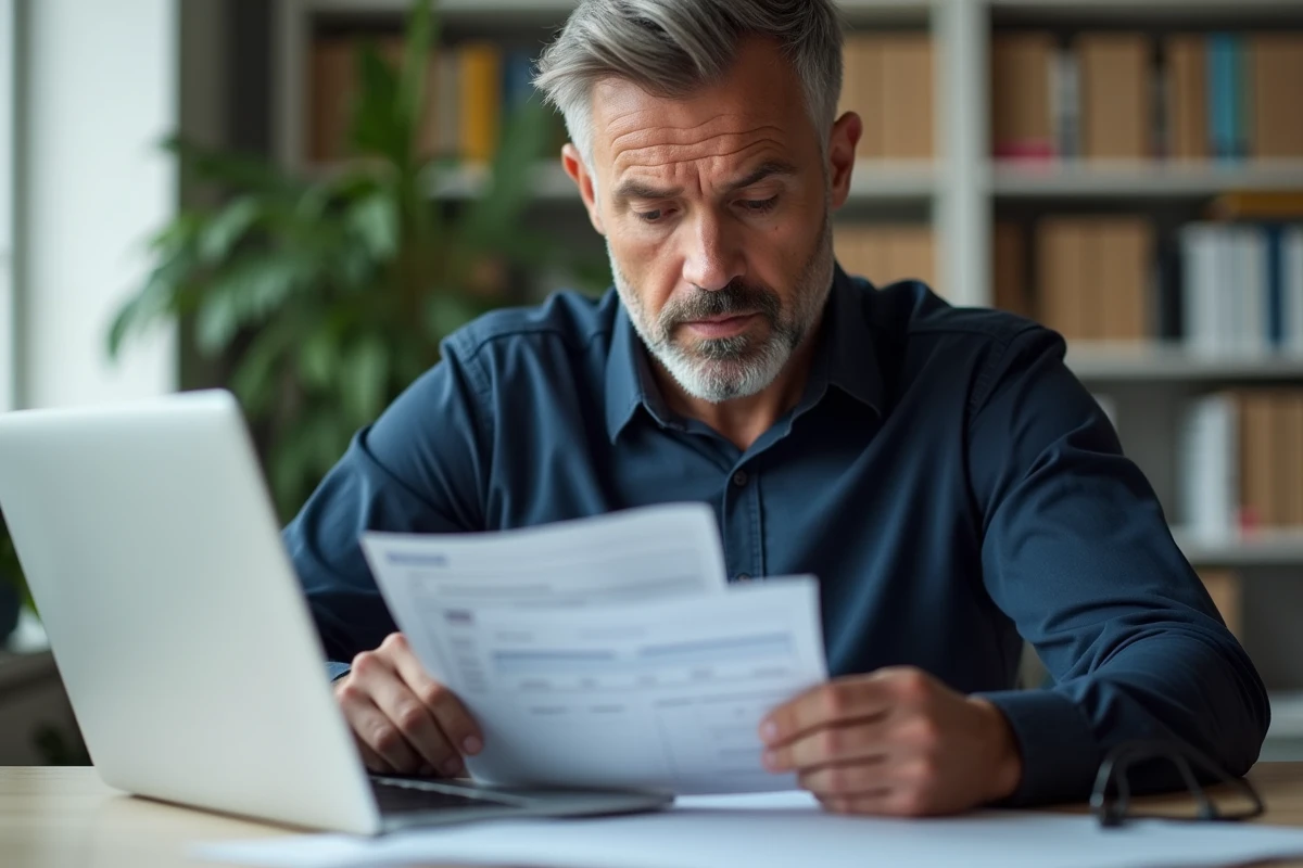 Homme consultant des documents d'épargne salariale CIC sur son bureau à domicile avant un transfert vers un autre établissement