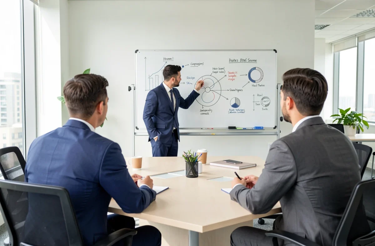 Trois associés discutant autour d'un tableau de chiffres