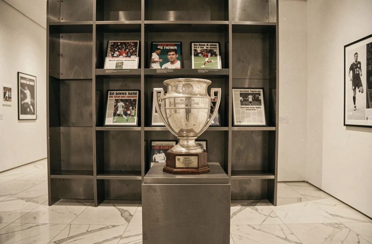 Trophée de football des années 1990 exposé dans une pièce muséale moderne, évoquant le palmarès et l'héritage sportif d'une carrière en or comme celle de Jean-Pierre Papin
