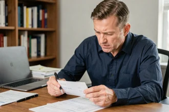 Homme examinant attentivement un chèque à son bureau pour vérifier le libellé du moyen de paiement et se protéger contre la fraude