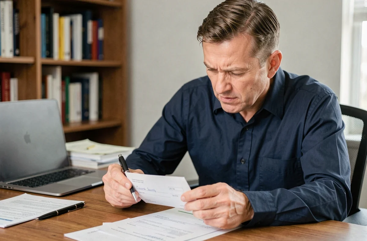 Homme examinant attentivement un chèque à son bureau pour vérifier le libellé du moyen de paiement et se protéger contre la fraude