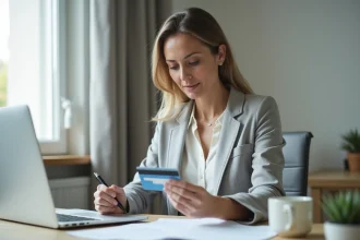 Femme effectuant un virement bancaire en ligne depuis son bureau à domicile pour un achat à distance important