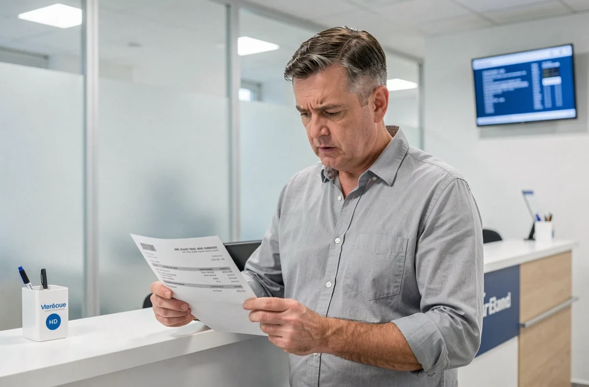 Homme examinant un ordre de virement bancaire au guichet d'une agence bancaire moderne